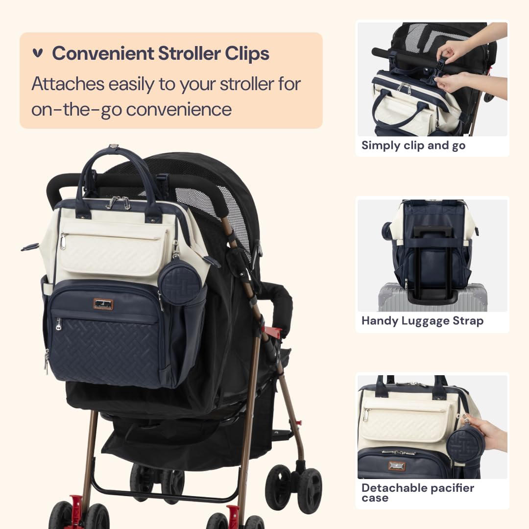 BabbleRoo Leather Diaper Bag Backpack, Multifunction Large Bags with Changing Pad & Stroller Straps Pacifier Case, Unisex Stylish Travel Back Pack Nappy for Moms Dads (Blueberry Cream)