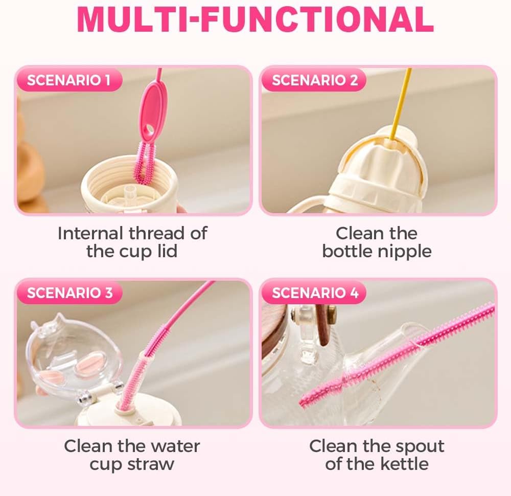 Extra Long Straw Cleaner Brush, Reusable Soft Silicone Cleaning Brush for Tumbler Lid Crevices, Glass Metal Smoothie Straws with Non Slip Handle (Pin + Yellow + Blue)