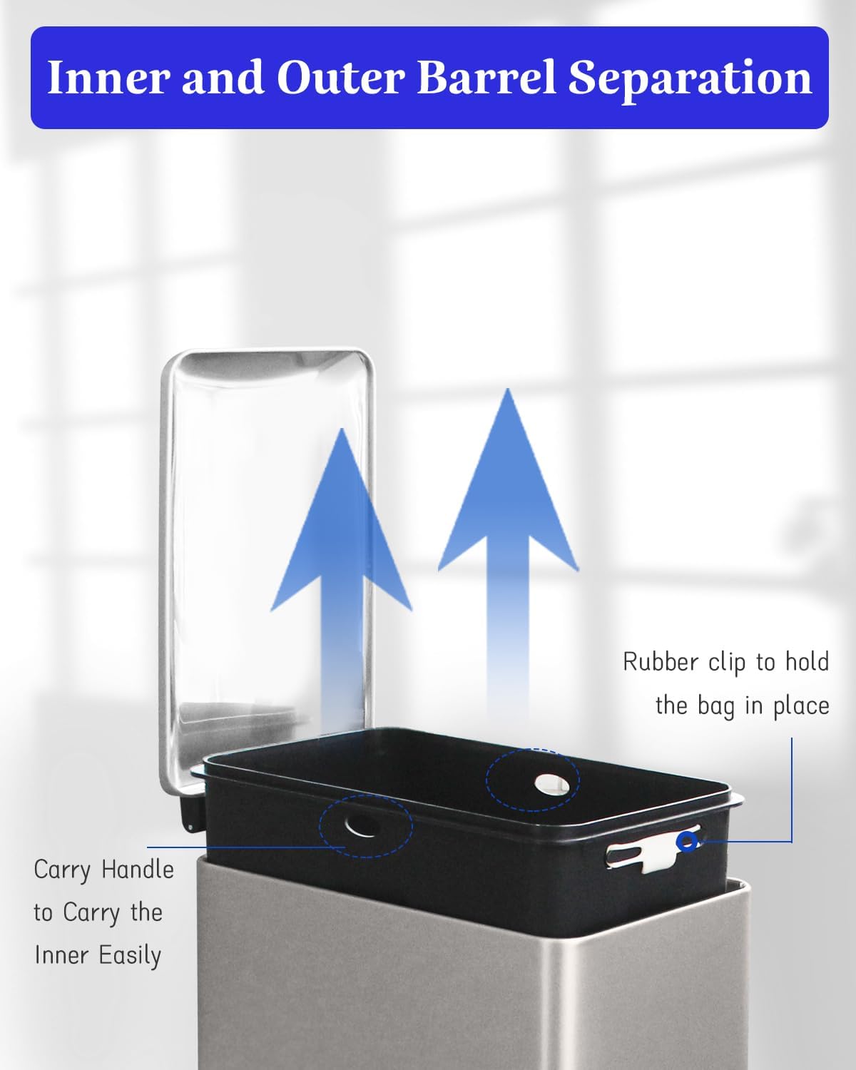 12 Gallon Slim Kitchen Trash Can, Stainless Steel Trash Can with Removal Inner Bucket and Soft-Close Lid, Pedal Garbage Can 45 Liter, Kohler Grey