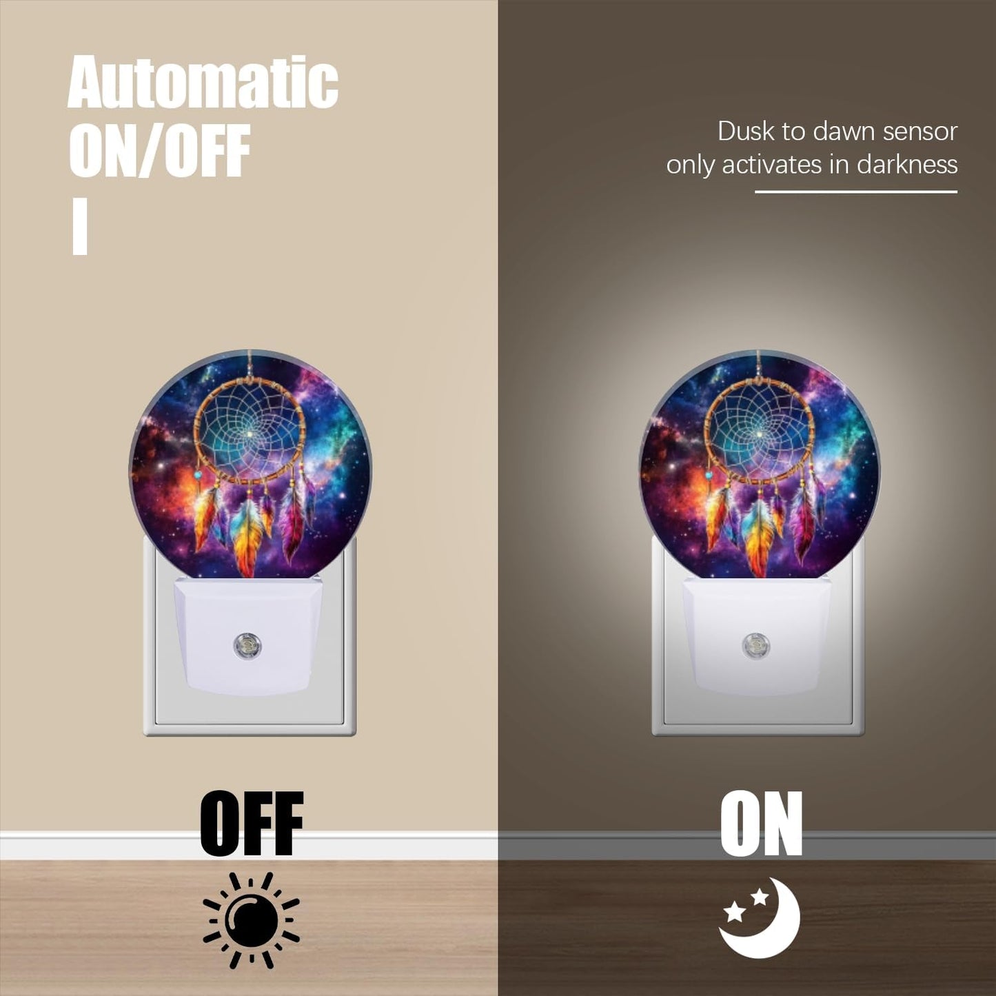 Round LED Night Lights Lamp with Dusk to Dawn Sensor, Colorful Dreamcatcher with Feathers in The Center Night Light Plug Into Wall for Kids Room, Bedroom, Bathroom, Kitchen, Hallway