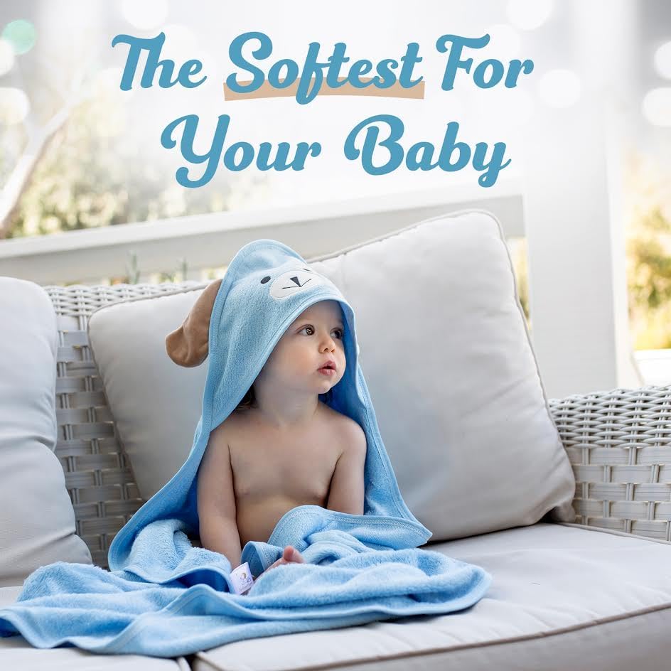 Baby Towels with Hood - Soft, Absorbent Viscose Made of Bamboo, Extra Large 35 x 35 Inches, for Newborns, Infants, Boys and Girls, Blue