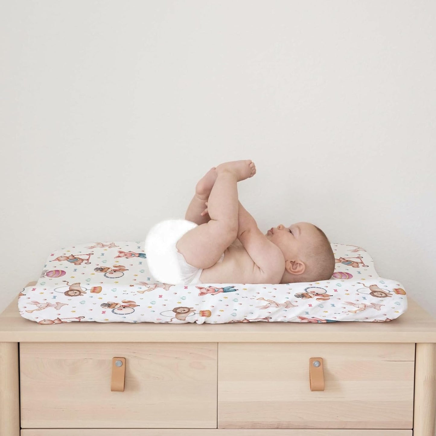 Watercolor Circus Animals Changing Pad Cover Cartoon Bear Lion Fox Bunny Elephant Pig Baby Diaper Change Table Sheets for Boy Girl Soft Stretchy Snug Fitted Changing Table Pad Mats 32''x16''