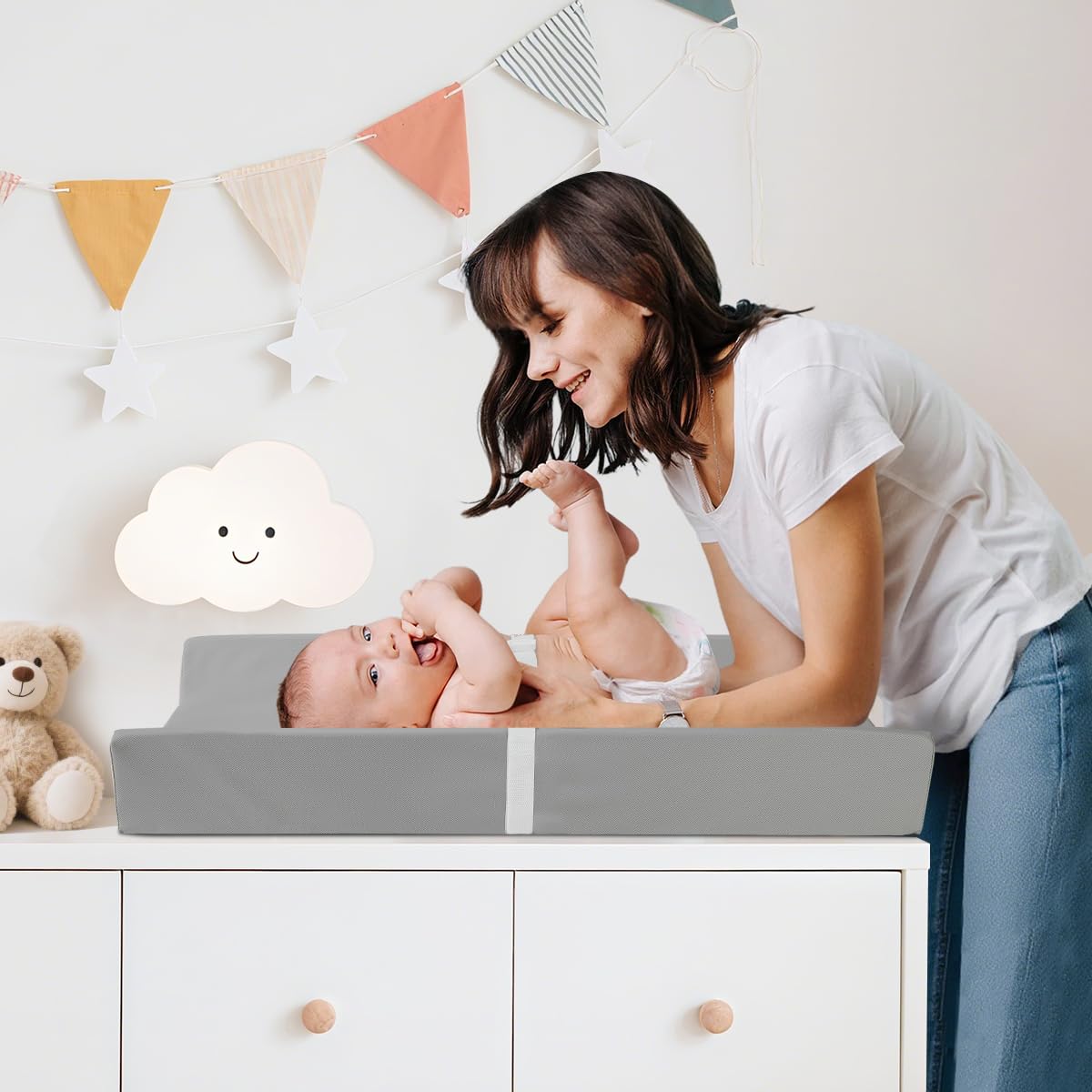 Baby Changing Pad, Waterproof & Wipeable Vegan Leather Diaper Changing Mat 31" x 16", Comfortable Soft Standard Size Infant Diaper Mat for Dresser and Table, Taupe (Grey)