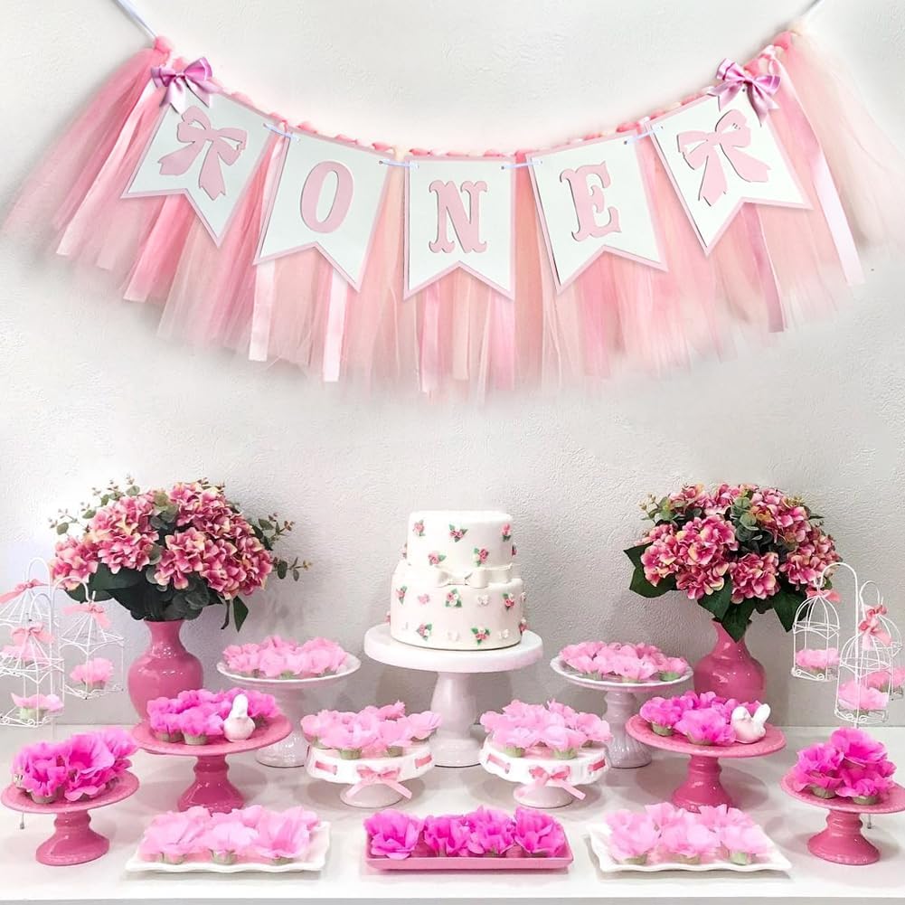 Pink Bowknot One Birthday Highchair Banner - Girl 1st Birthday High Chair Banner, Party Decoration Photo Props, Cake Smash