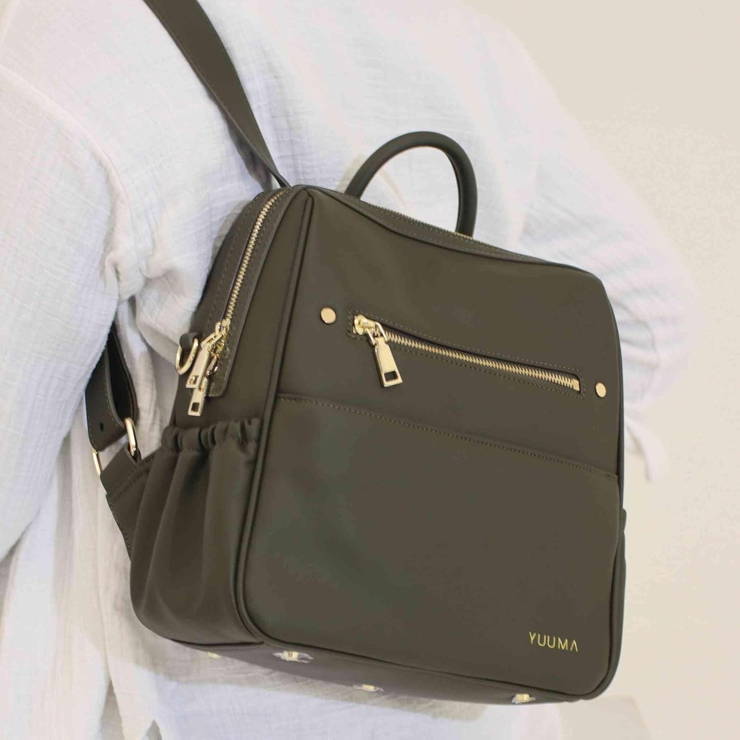 YUUMA Mini Diaper Bag Backpack-Minimalist bag With Premium Vegan Leather Material With 7 Interior and 5 External Pockets (Olive)