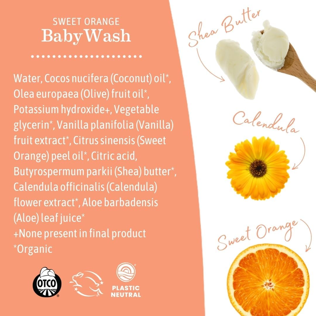 Earth Mama Sweet Orange Baby Wash Liquid Hand Soap Refill, Organic Body Wash for Sensitive Skin, All Purpose Castile Soap Liquid with Coconut Oil, Shea Butter, Calendula & Aloe, 34 fl oz