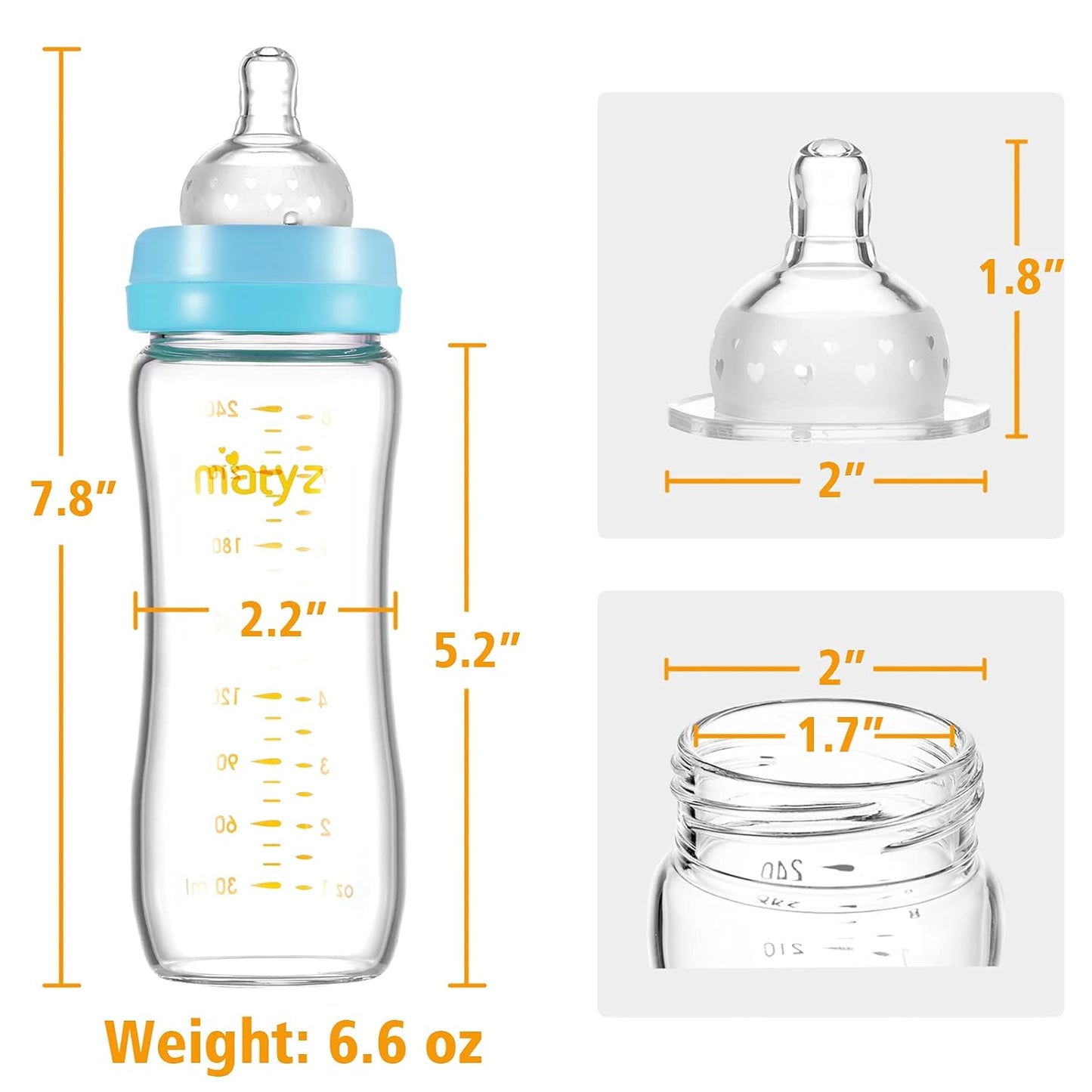 Matyz 8 Ounce Glass Baby Feeding Bottle with Nipple, Light and Slim, Easy to Hold, Food Grade Borosilicate Glass, Wide Neck Breastmilk Feeding Bottle, Easy to Clean, No BPA (Blue Lids)
