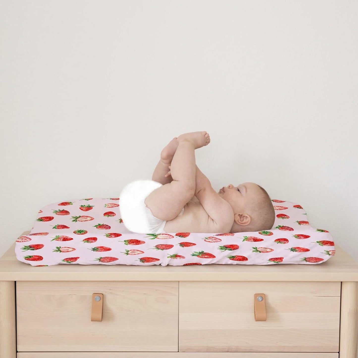Watercolor Strawberries Changing Pad Covers Cute Strawberry Pink Unisex Diaper Changing Table Sheets for Boys Girls Boho Summer Fruits Soft Breathable Stretchy Baby Change Table Pad Mats 32''x16''