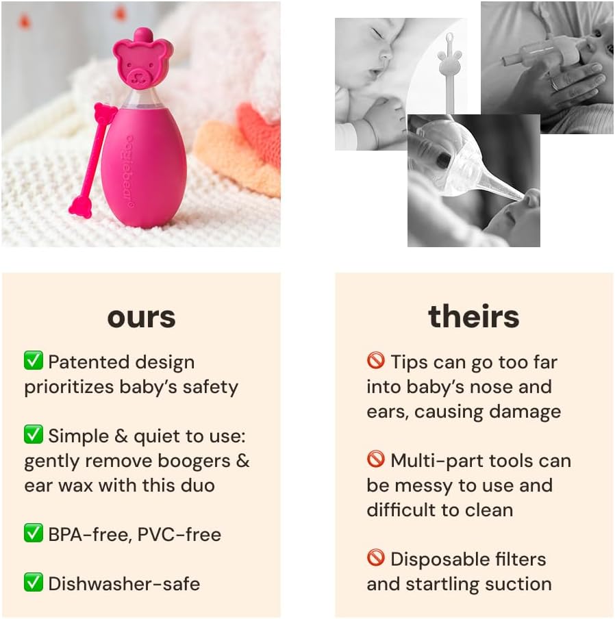 oogiebear: BearPair Baby Nose Cleaner & Ear Wax Removal Tool with Nasal Aspirator - Safe Booger & Earwax Removal for Newborns, Infants, Toddlers - Essential Baby Stuff, Diaper Bag Must-Have - Pink