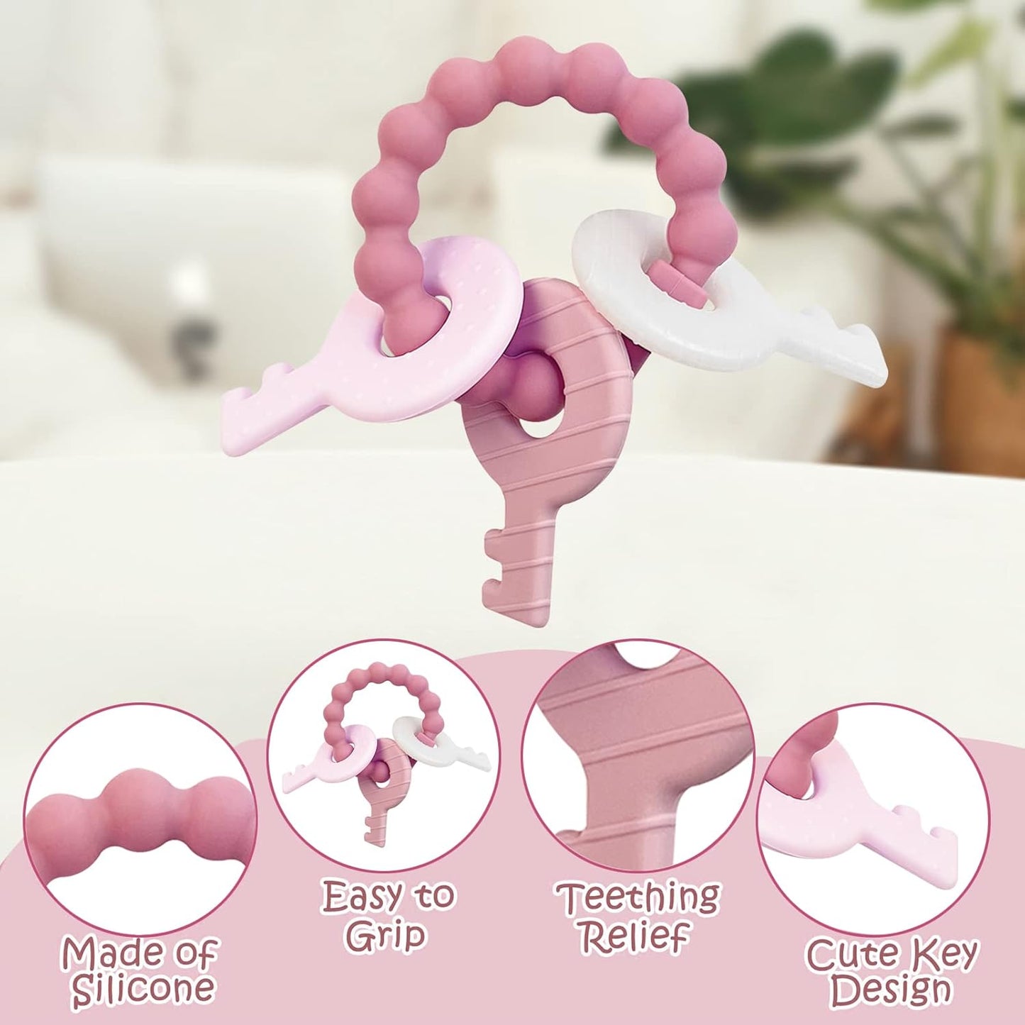 YAPROMO Baby Teething Keys - Soft Silicone Keys Teether, Cute Chew Toys for 3-18 Months Infants & Toddlers, Perfect for Baby Girls, BPA Free