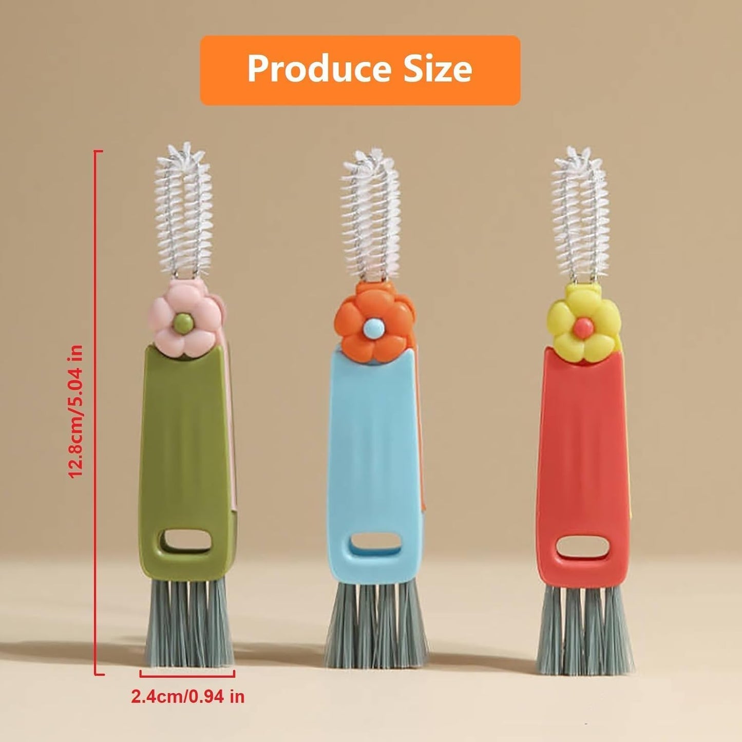 Mini Bottle Brush- Deep Clean Bottle Necks, Straws & Cup Lids, 3-in-1 Tight Space Scrubber for Water Bottles, Travel Mugs, Home Kitchen&Office. Dishwasher Safe(Red)