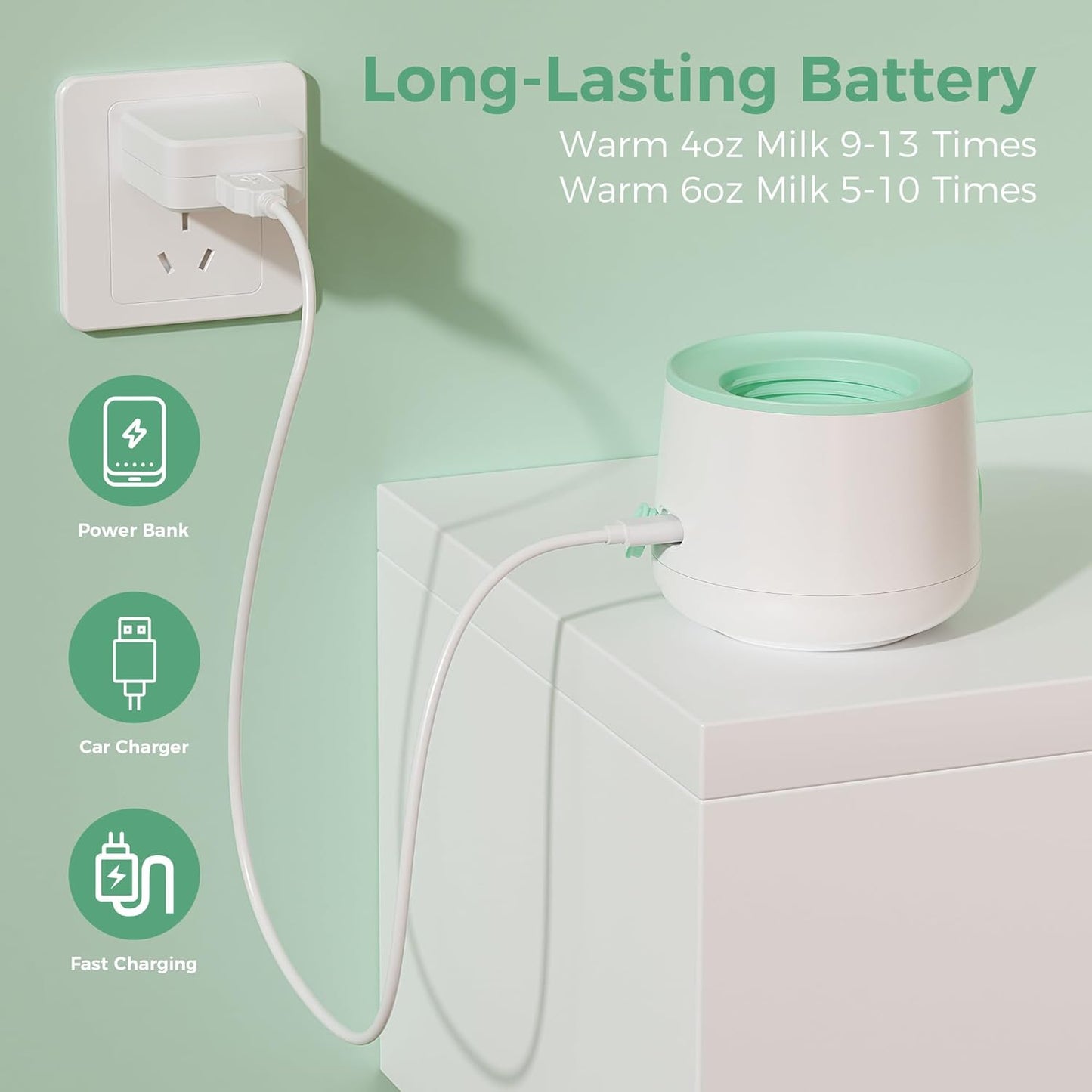 Portable Bottle Warmer for Travel, Baby Bottle Warmer for Breastmilk with Fast Heating, Safety Material, Leak-Proof, Precise Temperature Control, 4 Adapters for Most Bottles (White)