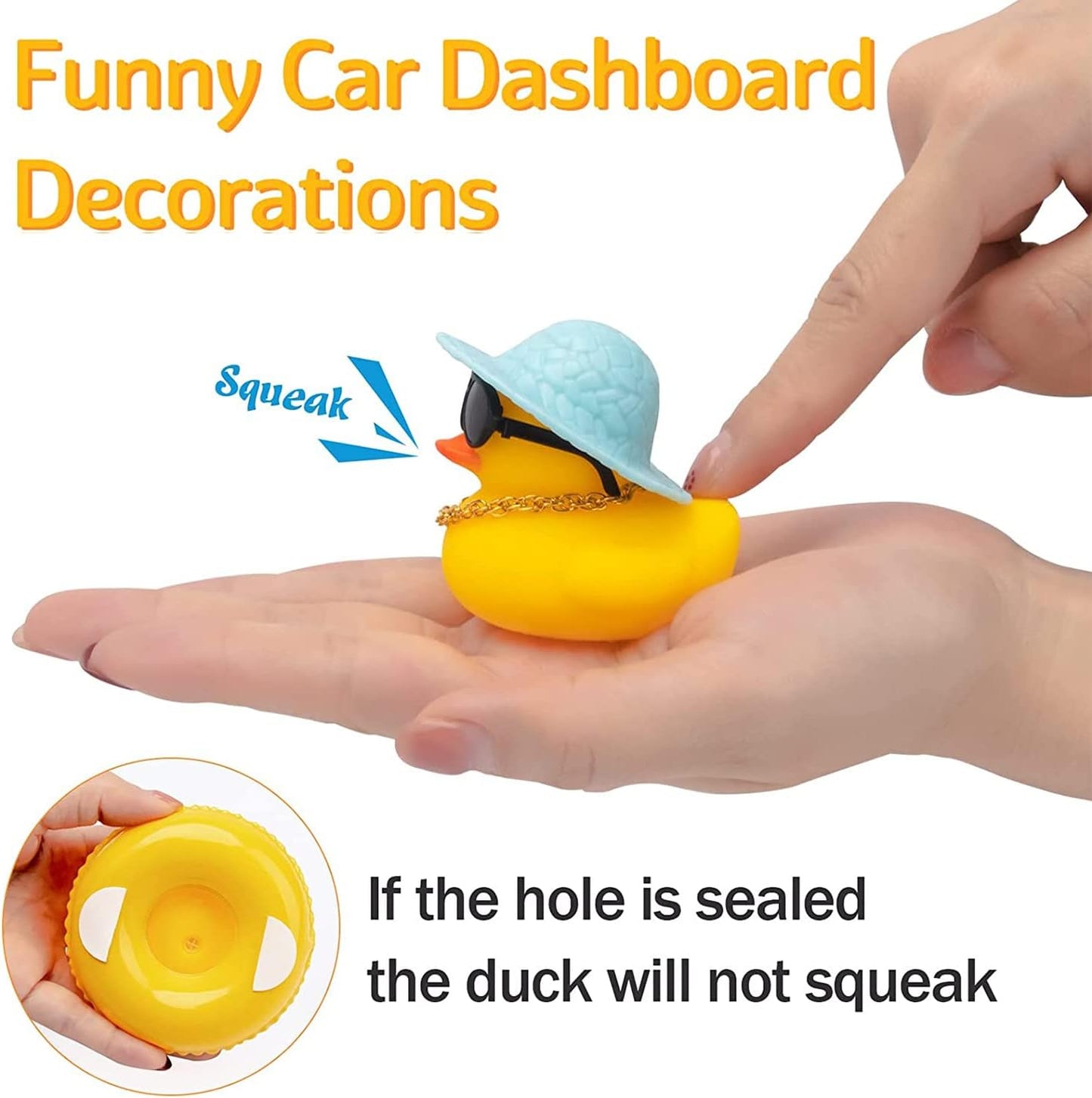 wonuu Car Rubber Duck, Yellow Duck Decoration Dashboard with Sun Hat Swim Ring Necklace Sunglasses for Car Dashboard Decorations, Black Top Hat Pink-Donut