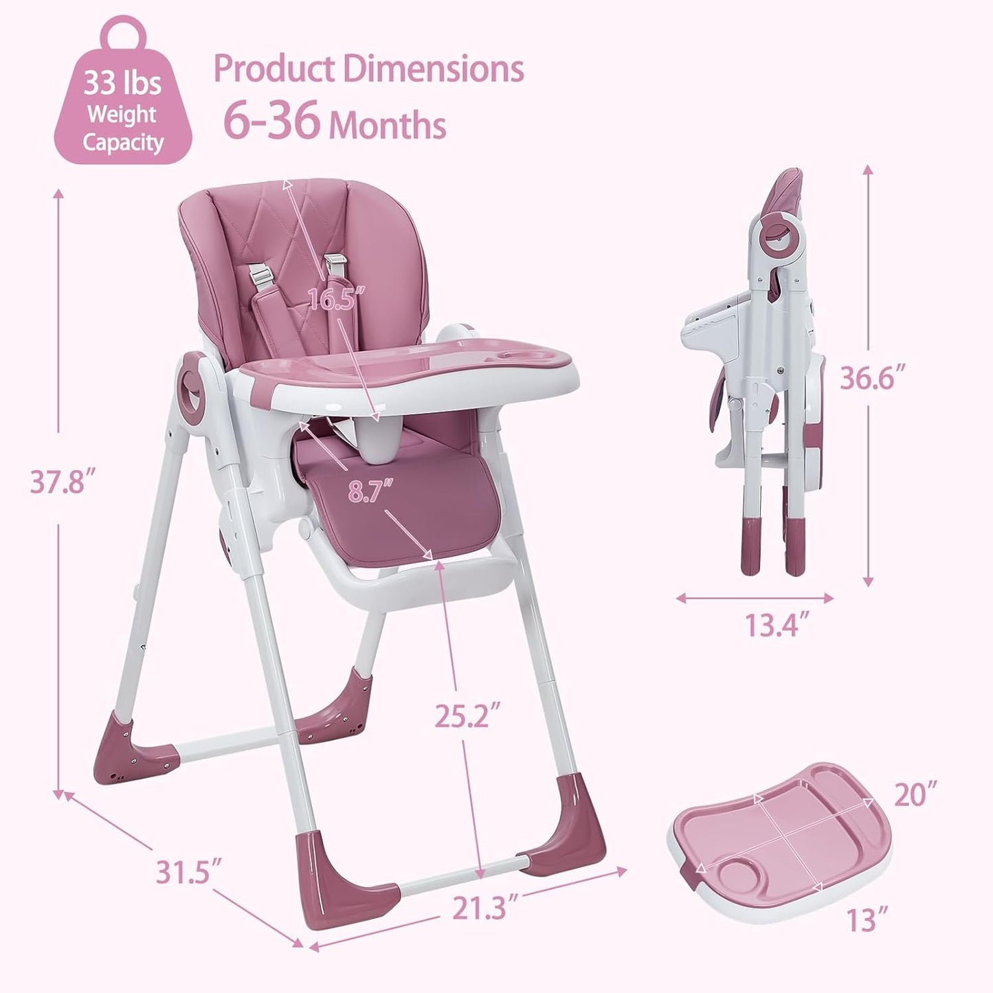 GAOMON Baby High Chair, Multifunctional Infant Highchairs with Adjustable Height and Recline, Foldable High Chair for Babies & Toddlers, High Chair with Removable Tray Easy Clean (Lilac)