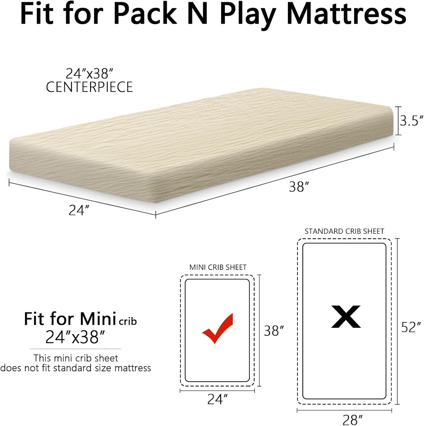 2 Pack Soft Muslin Baby Mini Crib Sheets, 100% Cotton Breathable Double Layer Fitted Sheets for Mini Crib and Pack N Play Mattresses 24x38 Inches, for Baby Girls and Boys (Cedar & Cream