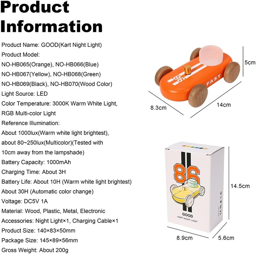 Wooden Go-Kart Night Light for Kids, 7 Color Adjustable, USB Rechargeable (Yellow)