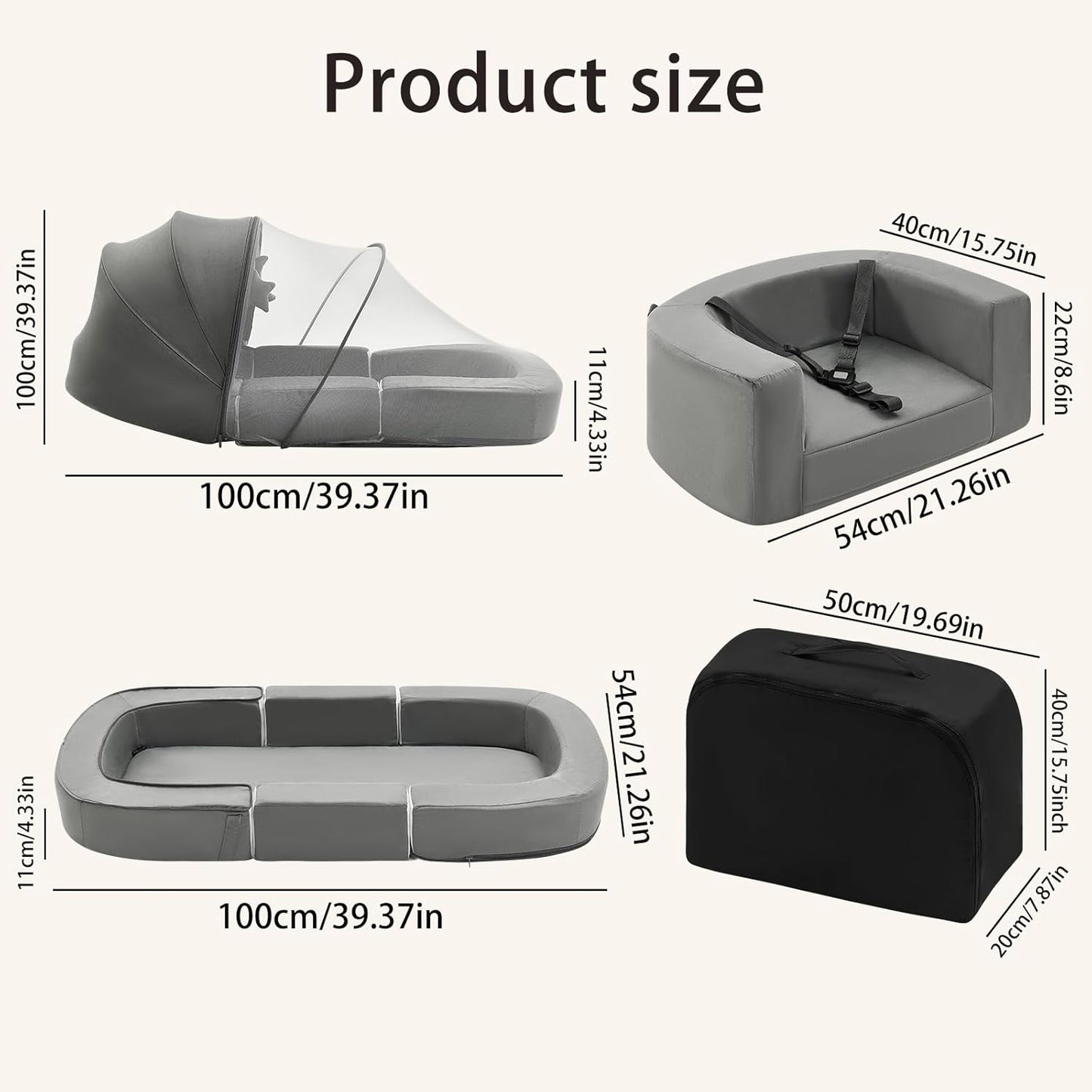 Todldler Baby Travel Bassinet Bed & Chair, Fold Out Sofa Couch Lounger with 2-1 Mosquito & Canopy, Foldable Portable Travel Cot with Foam Raised Safety Bumpers for Infant Toddlers 0-36 Months (Grey)