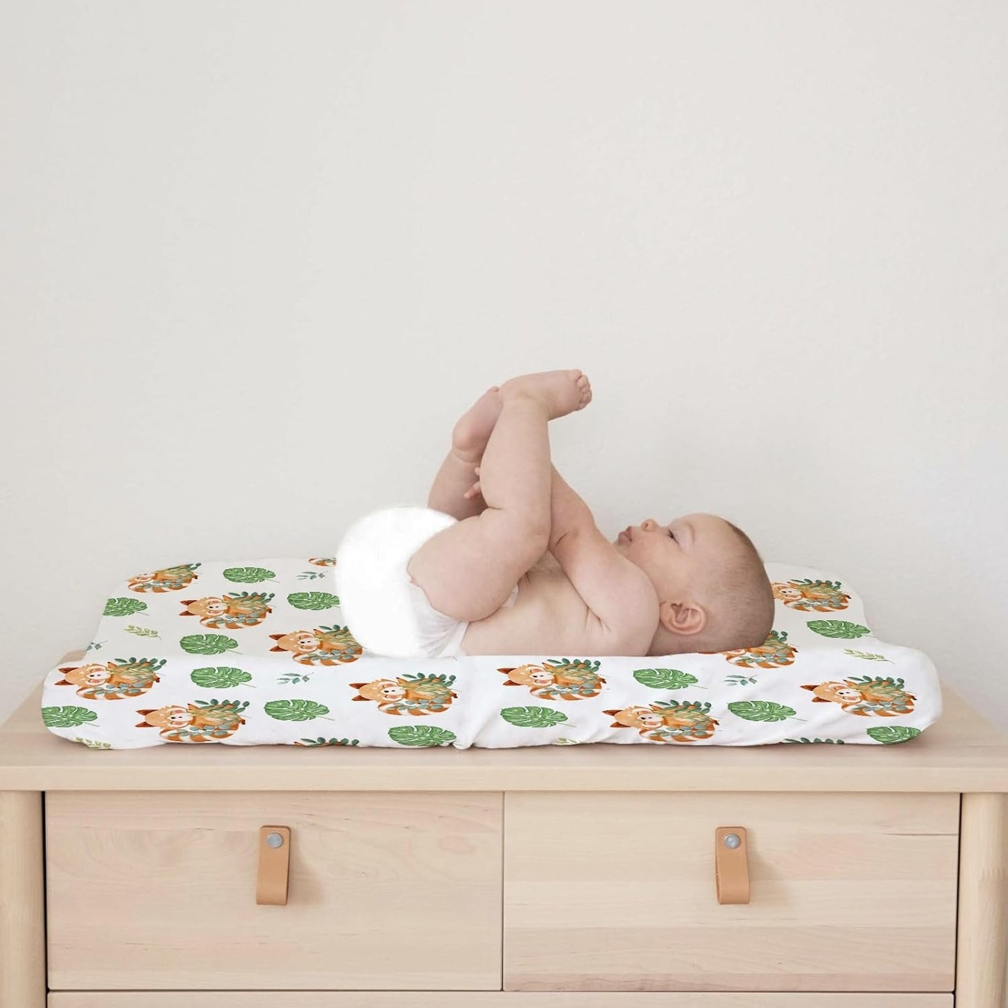 Cartoon Panda Tropical Leaves Changing Pad Cover Cute Panda Boho Leaf Unisex Diaper Change Table Sheets for Boy Girl Animal Wildlife Soft Stretchy Snug Fitted Diaper Changing Pad Cover Mats 32''x16''