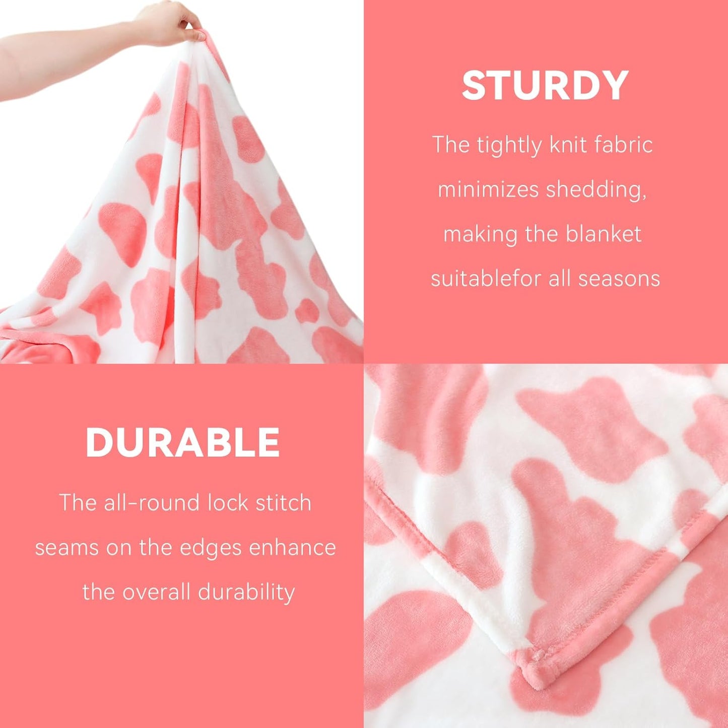 Strawberry Pink Fleece Blanket - Cute Soft Cow Print Throw for Bedroom Decor - Lightweight Warm Fuzzy All-Season Use 50"x60"