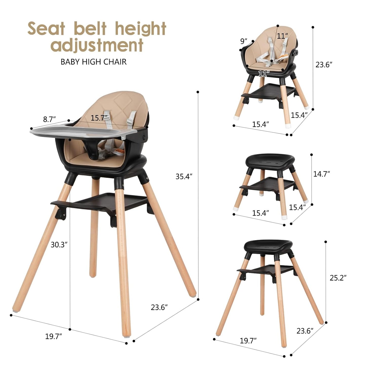 6 in 1 Baby High Chair, Convertible Wooden High Chairs/Booster Seat for Babies and Toddlers, Baby Feeding Chair with 5-Point Harness/Double Removable Tray & Adjustable Footrest (Black)