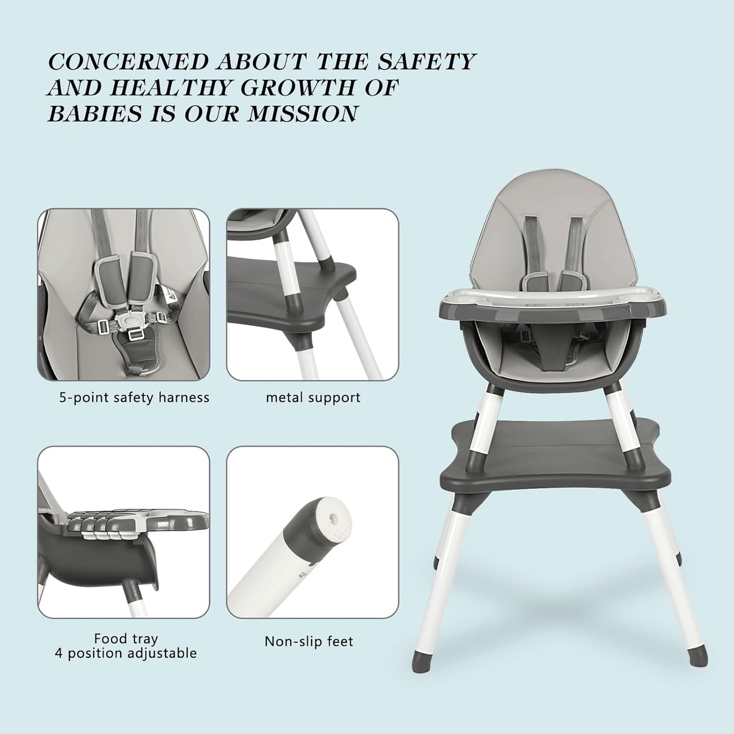 Baby Highchair,6 in 1 High Chairs for Babies and Toddler Baby Feeding Chair Coverts to HighChair for Babies, Kids Learning Table,Building Block Table,Kids Stool Removable Tray & Safety Harness(Gray)