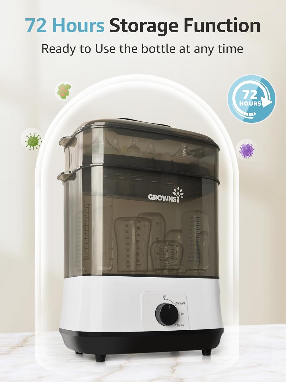 GROWNSY Adjustable 3 IN 1 Large Bottle Sterilizer and Dryer, Electric Steam Baby Bottle Sterilizer, Sanitizer for Baby Bottles & Pacifiers, Breast Pump Parts