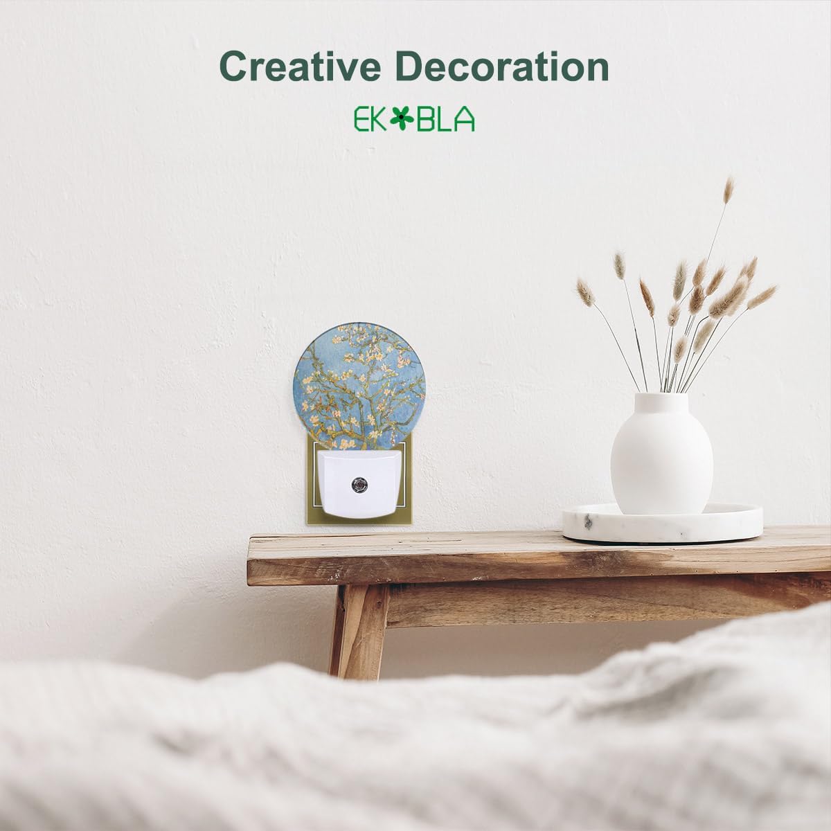 EKOBLA Almond Tree Blooming Night Light - Van Gogh Floral Painting LED Plug-in Nightlights with Dusk to Dawn Sensor, 0.5W Sleep-Friendly Lighting for Bedroom & Living Room (White & Blue)