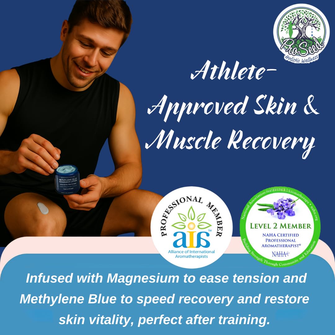 ProSeed Methylene Blue Magnesium Lotion with Yarrow, Turmeric, Frankincense, Vitamin E, Chamomile – Deep Moisturizing Cream for Face & Body – Bedtime & Post-Workout Massage for Kids, Men, Women - 2oz