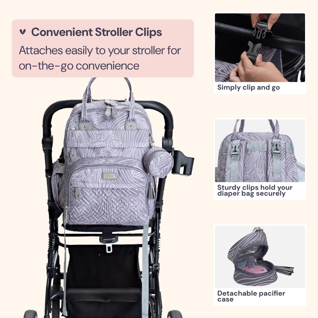 BabbleRoo Diaper Bag Backpack - Baby Essentials Travel Tote - Multi Function Water Resistant Diaper Bag, Travel Essentials Baby Bag with Changing Pad, Stroller Straps & Pacifier Case - Grey Swirls