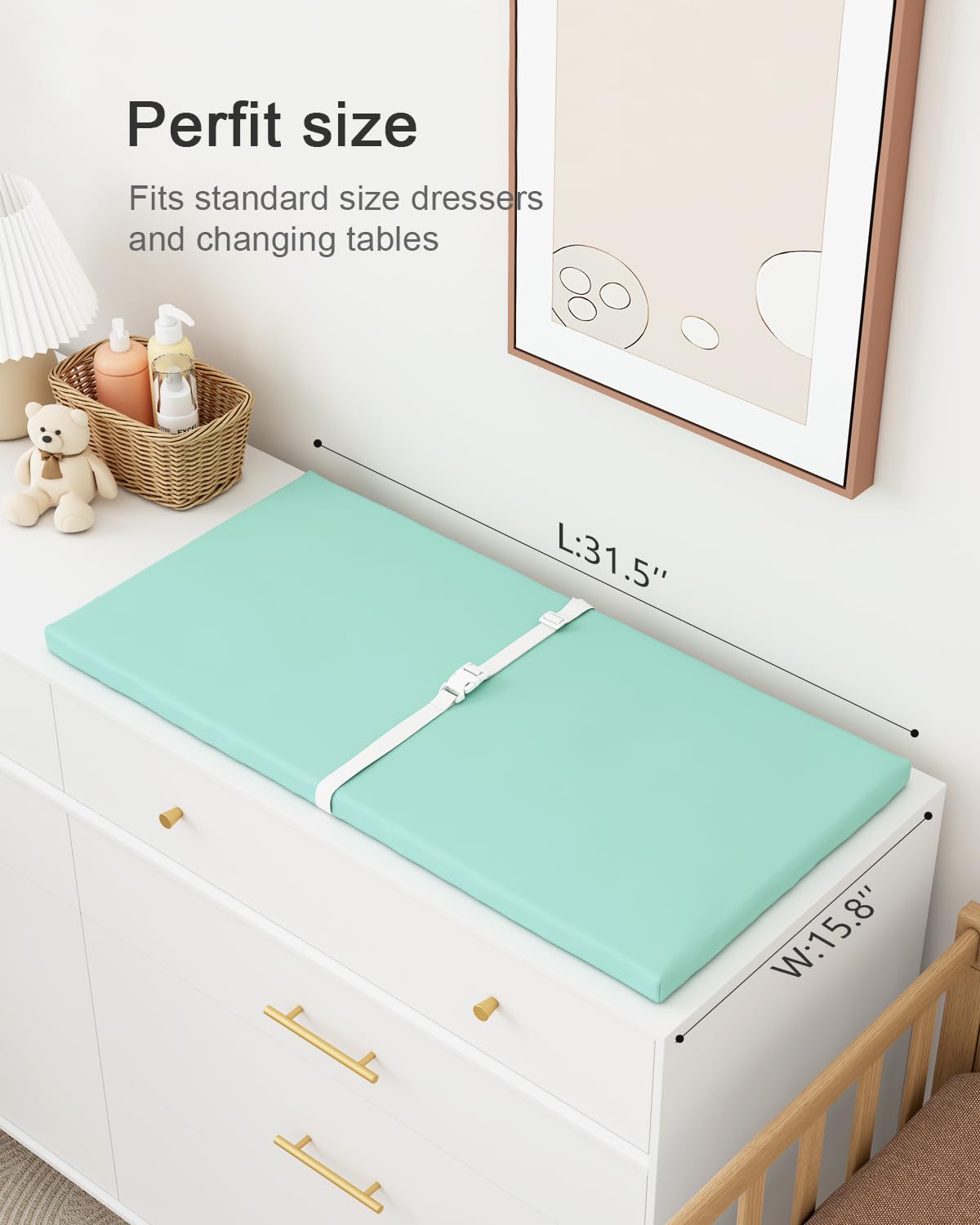 Wipeable Baby Changing Pad for Dresser and Table, Cozy Diaper Changing Pad with Waterproof & Wipe-Clean Leather Cover, Standard Size (31.5" L x 15.8" W), Green