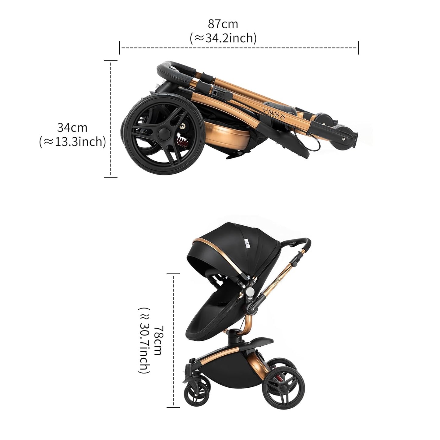 360° Rotatable PU Leather 2 in 1 Convertible Baby Stroller Mode, Infant Stroller One-Click Folding, Toddler Newborn Travel Standard Carriage Pram (HR002-Black)