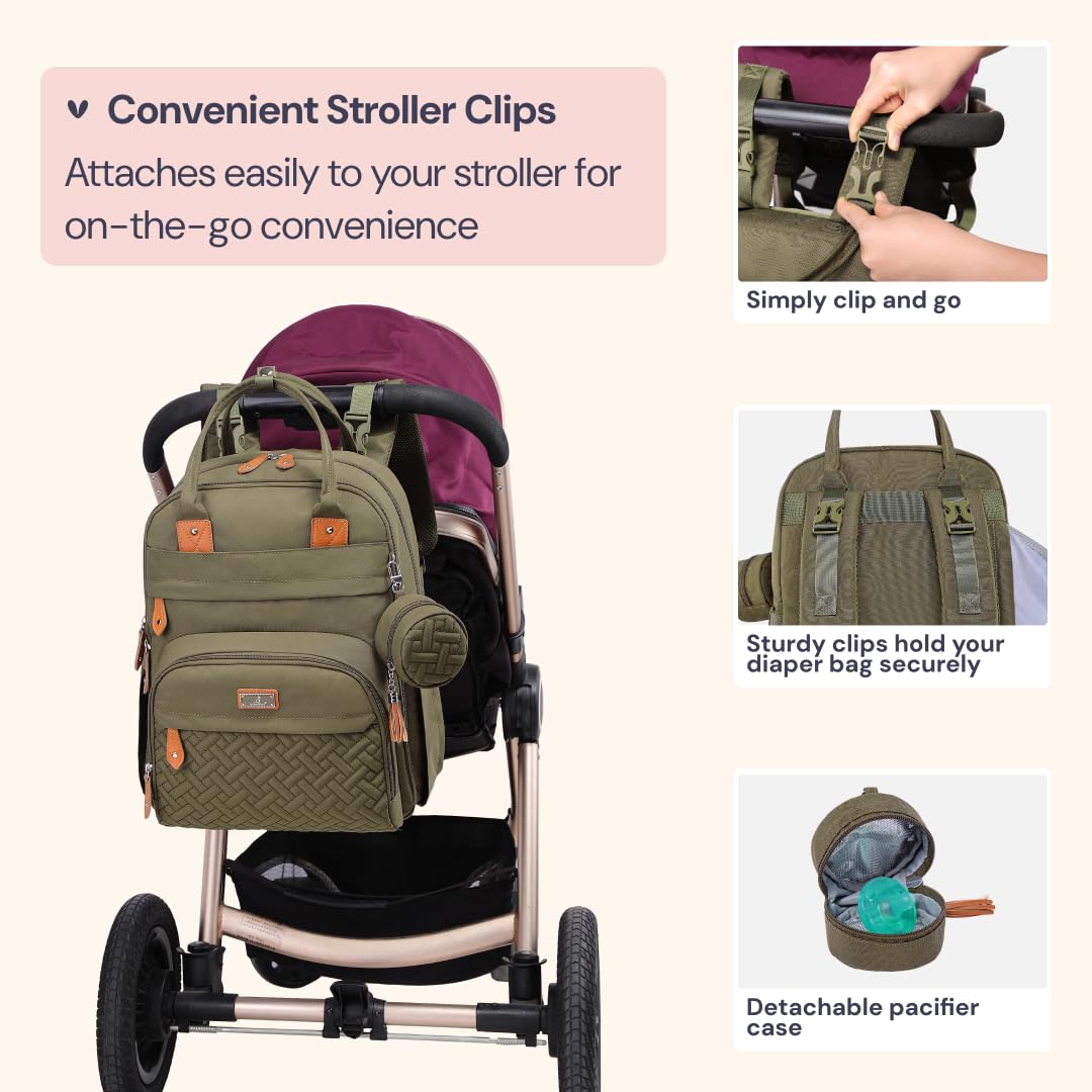 BabbleRoo Diaper Bag Backpack - Baby Essentials Travel Tote - Multi Function Water Resistant Diaper Bag, Travel Essentials Baby Bag with Changing Pad, Stroller Straps & Pacifier Case - Army Green