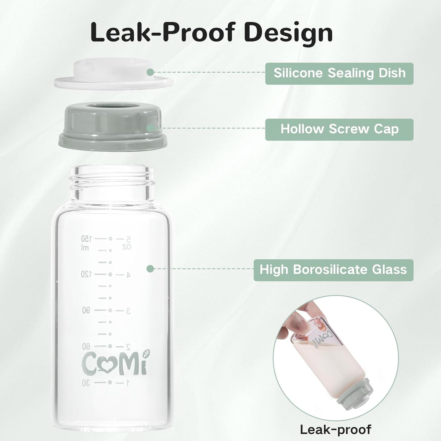 COMI Natural Glass Baby Bottle,Standard Neck Breastmilk Storage Bottle for Fridge,Breast Milk Container,Breast Pump Bottle Compatible with Medela Breast Pump,BPA Free,4PCS (5oz, 2 Gray+2 Pink)