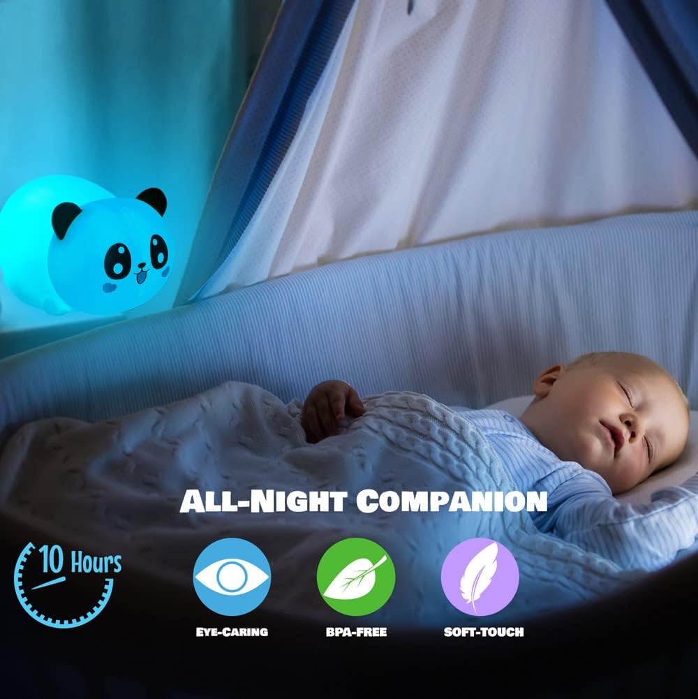 AULTRA Night Light for Kids – 16 Color USB Rechargeable Panda Lamp for Baby Nursery, Soft Silicone Night Light, 2 Brightness Levels, 10-Hour Use, Squishy Puppy Gift for Boys & Girls