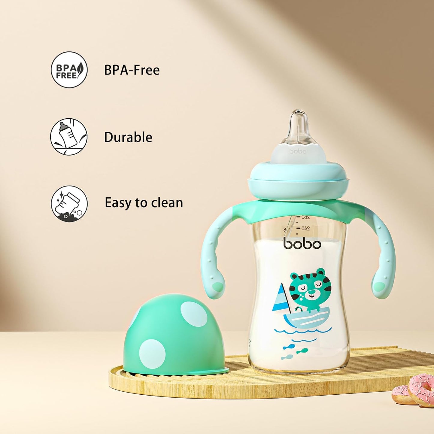 YOHKOH Natural PPSU Baby Bottle with Natural Response Nipple, Newborn Anti-Colic Baby Bottles with Handle, Wide Neck Mushroom Cap Baby Bottle (8.8oz (Pack of 2), Blue)