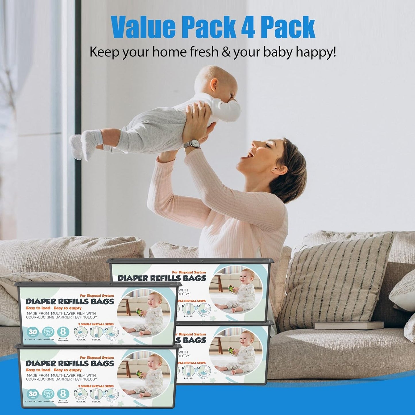 Diaper Pail Refills Bags with 30 Bags Compatible with Genie Easy Roll Signature and Platinum Diaper Pails, 7-Layer Odor-Barrier Technology, 4 Pack (120 Bag)