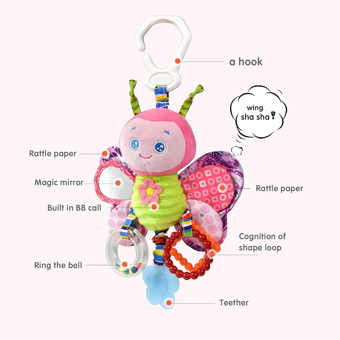 Baby Rattles Toys with Teether,Bed Bell for Toddler in pram,Gifts for Baby Aged 3 Months or More(Butterfly)