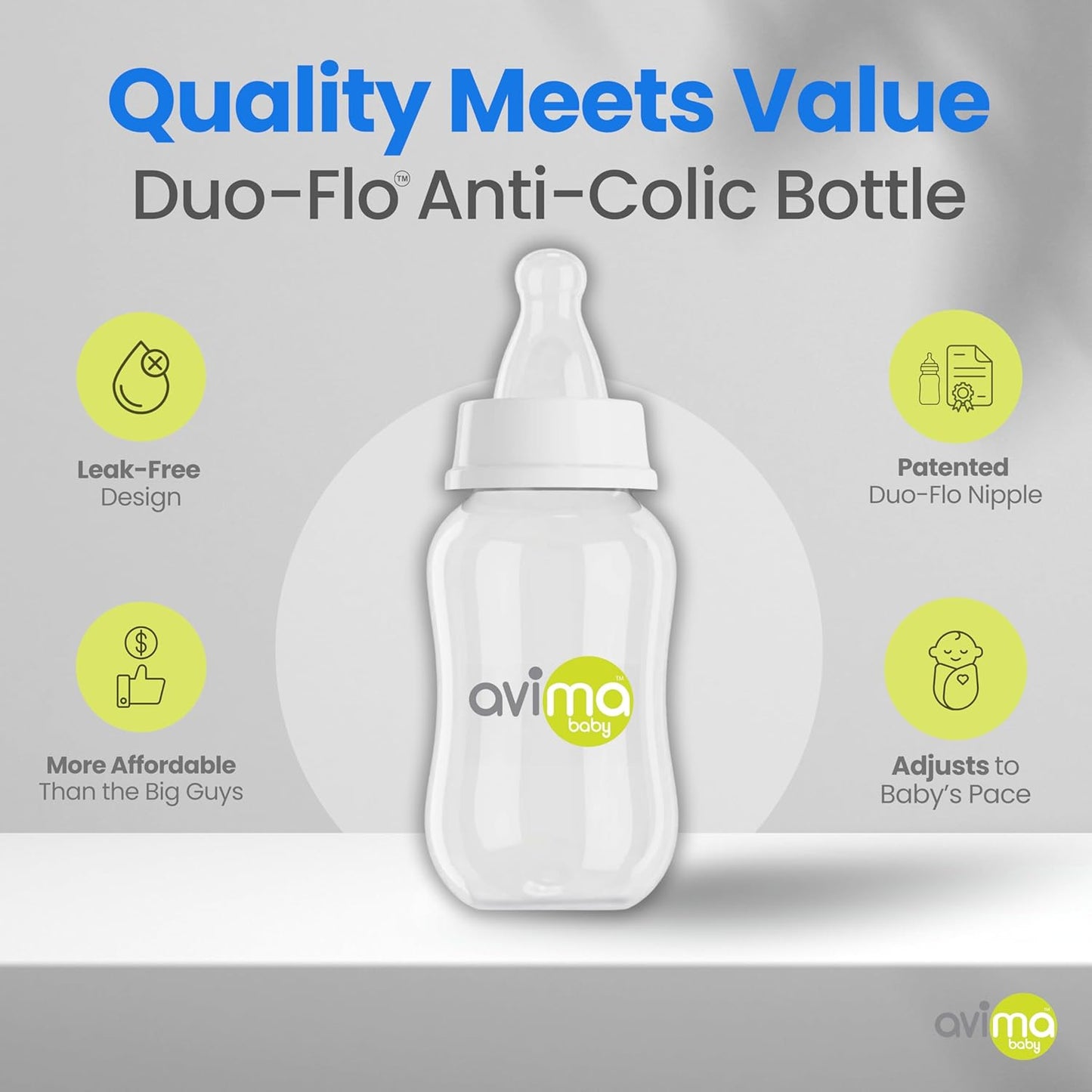 Avima 4 oz Anti Colic Baby Bottle Set - Slow Flow Nipples Included, Standard Neck, BPA Free - Newborn 0-3 Months, Stage 1 Feeding for Gas, Spit Up & Colic (Set of 8)