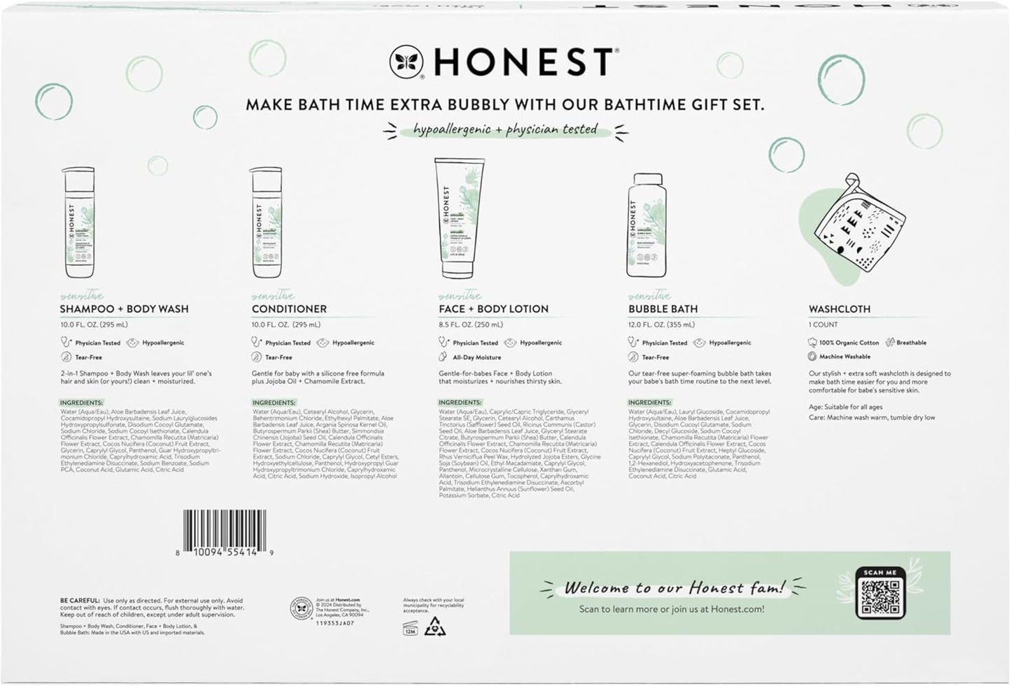 The Honest Company Fragrance Free Bathtime Gift Set | Hypoallergenic Bath Essentials for Sensitive Skin | Shampoo + Body Wash, Face + Body Lotion, Bubble Bath, Conditioner, Wash Cloth