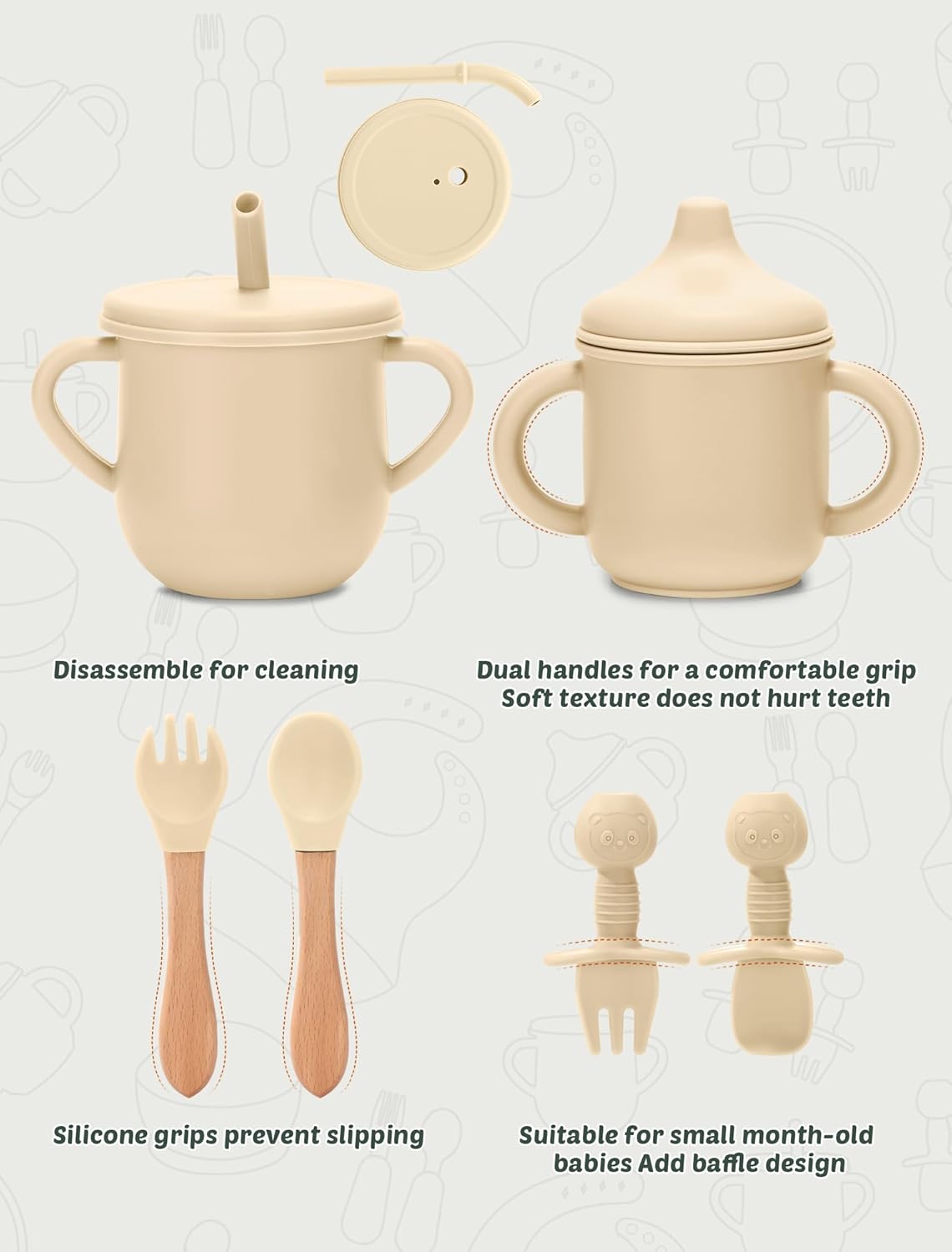 Silicone Baby Feeding Set 9 Pcs, Spill-Proof Suction Plate, Bowl, Bib, Silicone spoon&forks, Wooden Spoons&forks, Training cup with straw and Sippy Cup, Baby Eating Utensils (Beige)