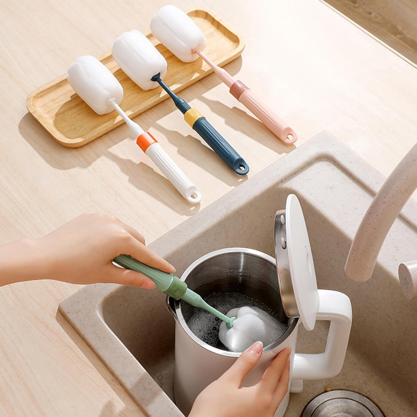 Dishwashing Foam Sponges Brush Telescopic Long Handle Scrubbing Brushes for Clean Dishes, Sinks ,Cookware,Coffee Glasses Pot Milk Cup Mugs Wine Bottle (4pcs+4straw Brush)
