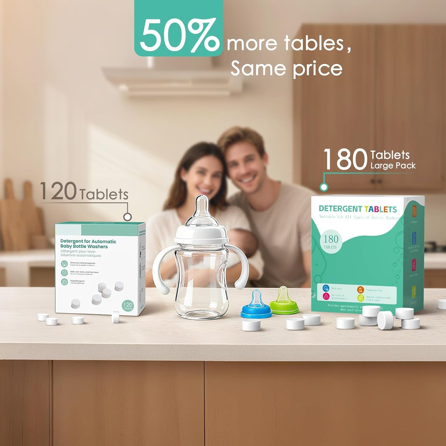 Baby Bottle Washer Detergent Tablets for Momcozy Pro, Baby Brezza, Bottle Cleaner Washers Sterilizers & Dryers, Baby-Safe Natural Formula, Professional Cleaning Power for Bottles & Nipples, 180PCS