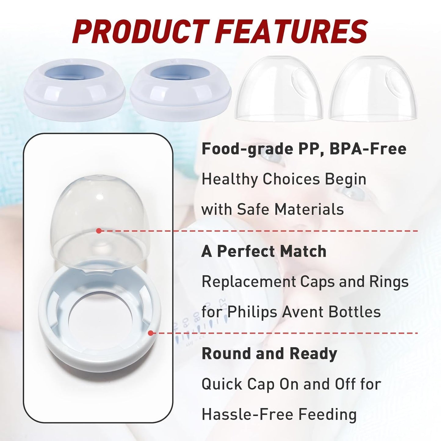 2-Pack Baby Bottle Rings and Caps for Philips Avent Natural Bottles, Replacement Screw Ring Collars, Baby Bottle Nipple Rings for Avent Natural Plastic and Glass Bottles