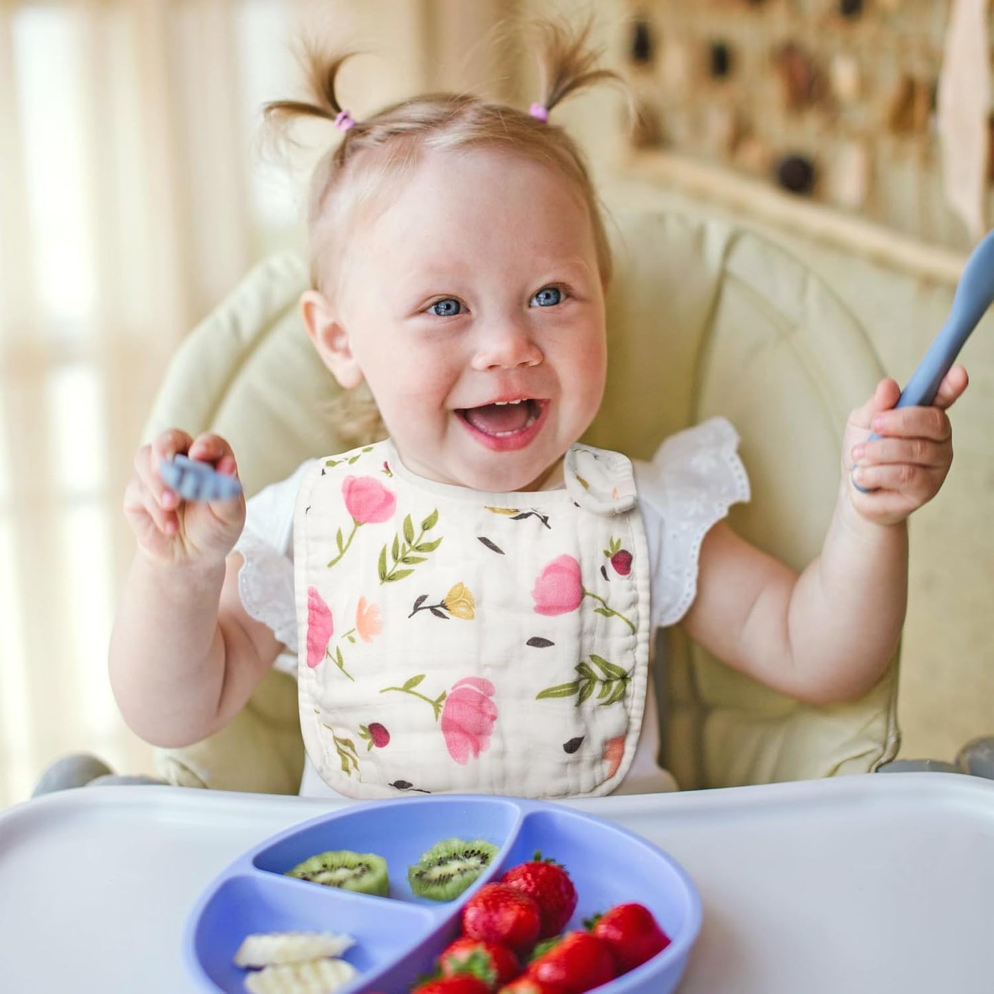 Zainpe 6Pcs Snap Muslin Cotton Baby Bibs Spring Butterflies Flowers Bib with 6 Absorbent Soft Layers Adjustable Burp Cloths for Infant Girl Boy Toddler Drooling Eating Teething Feeding 0 to 24 Months