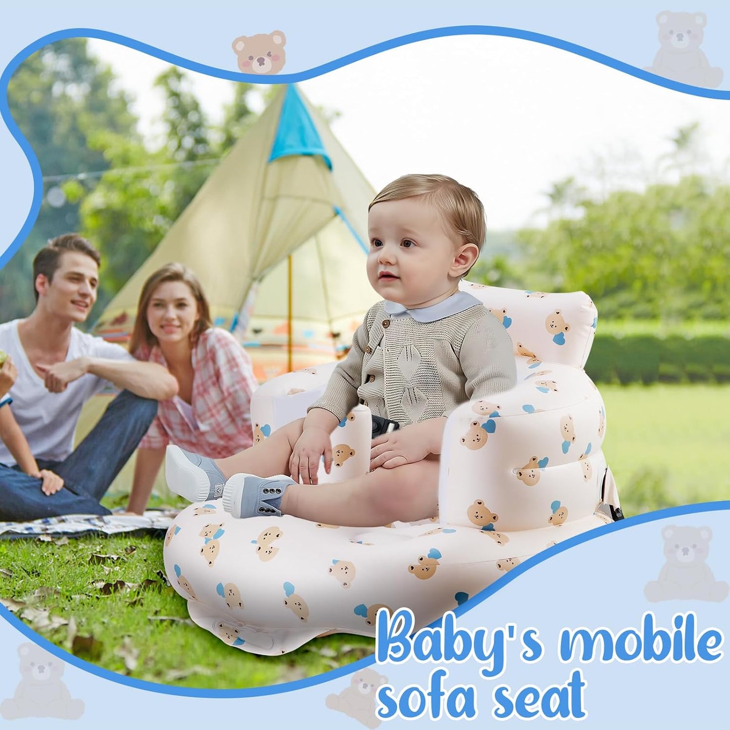 Inflatable Baby Seat with 3-Point Safety Belt & Built-in Pump - Portable Infant Chair for Sitting Up, Travel, Home Use (Blue Love Bear Head)