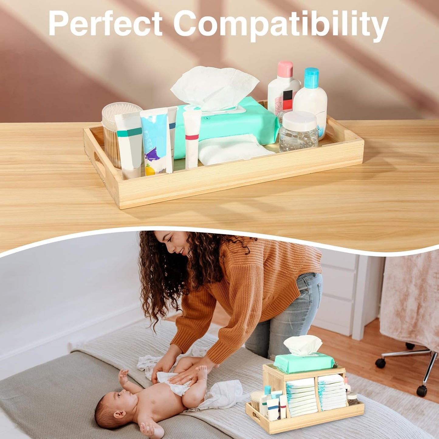 Three colors Diaper Organizer, Wooden Diaper Caddy Organizer, Changing Table Organizer, Diaper Storage Organizer, Nursery Baby Organization (Brown)