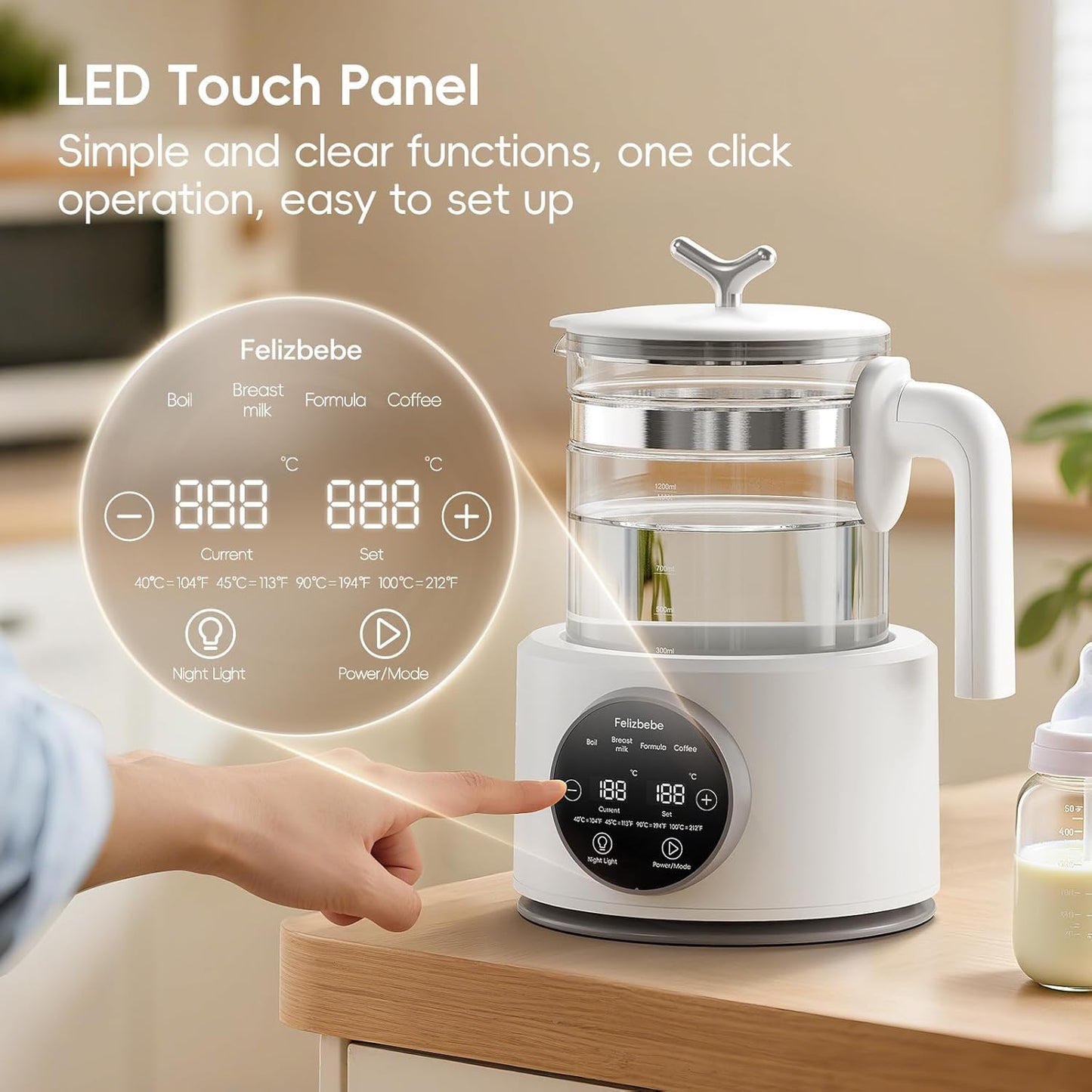 Baby Bottle Warmer, Baby Milk Warmer Glass Electric Kettle Boil, Formula Maker with Night Light, Accurate Temperature Control for Formula, Water Warmer instantly Low Noise Breastmilk,Boil Coffee,Tea