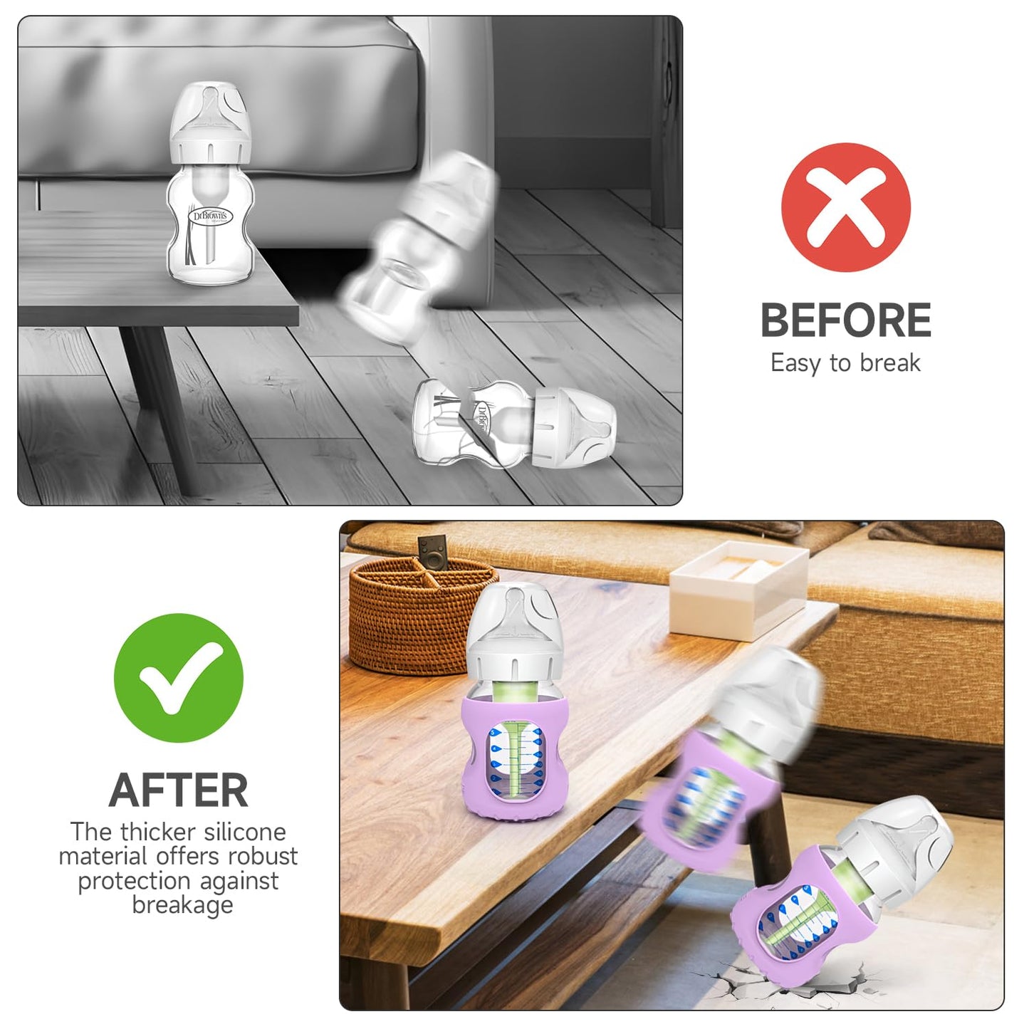 MORLIKE 4 Pack Silicone Sleeves Only Fit 5 oz/150 mL Dr. Brown's Wide Neck Glass Baby Bottle, 100% Silicone Covers Protect Baby Glass Bottle, Easy to Grip Bottle Holders for WB53700-WEB WB51700-P4