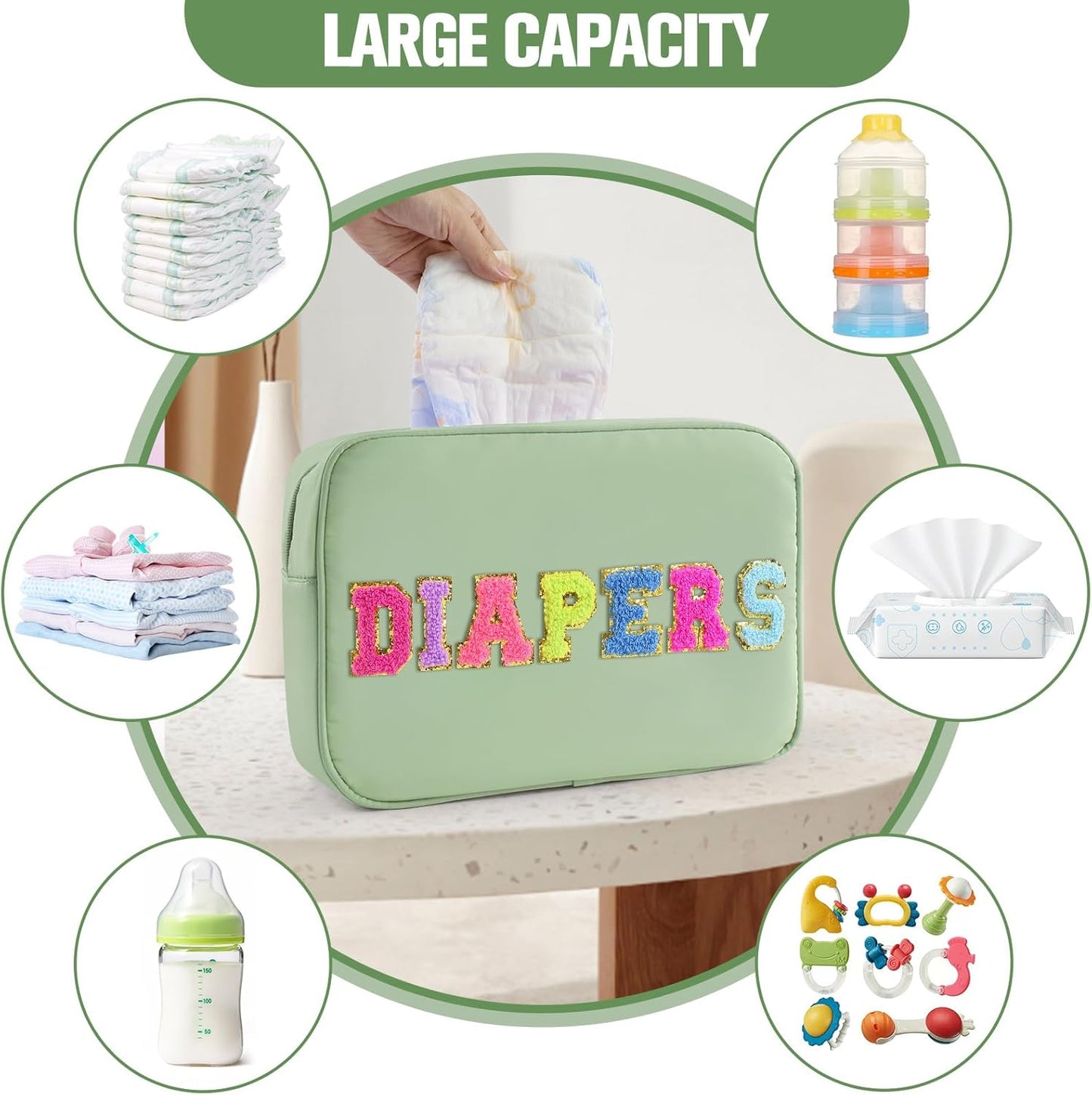 Small Diaper Bag, Chenille Letter Diaper Caddy Organizer Pouch Newborn Baby Essentials Must Haves for Nursery Changing Table, Sage Green Waterproof Diaper Pail Baby Shower Gifts for Mom To Be