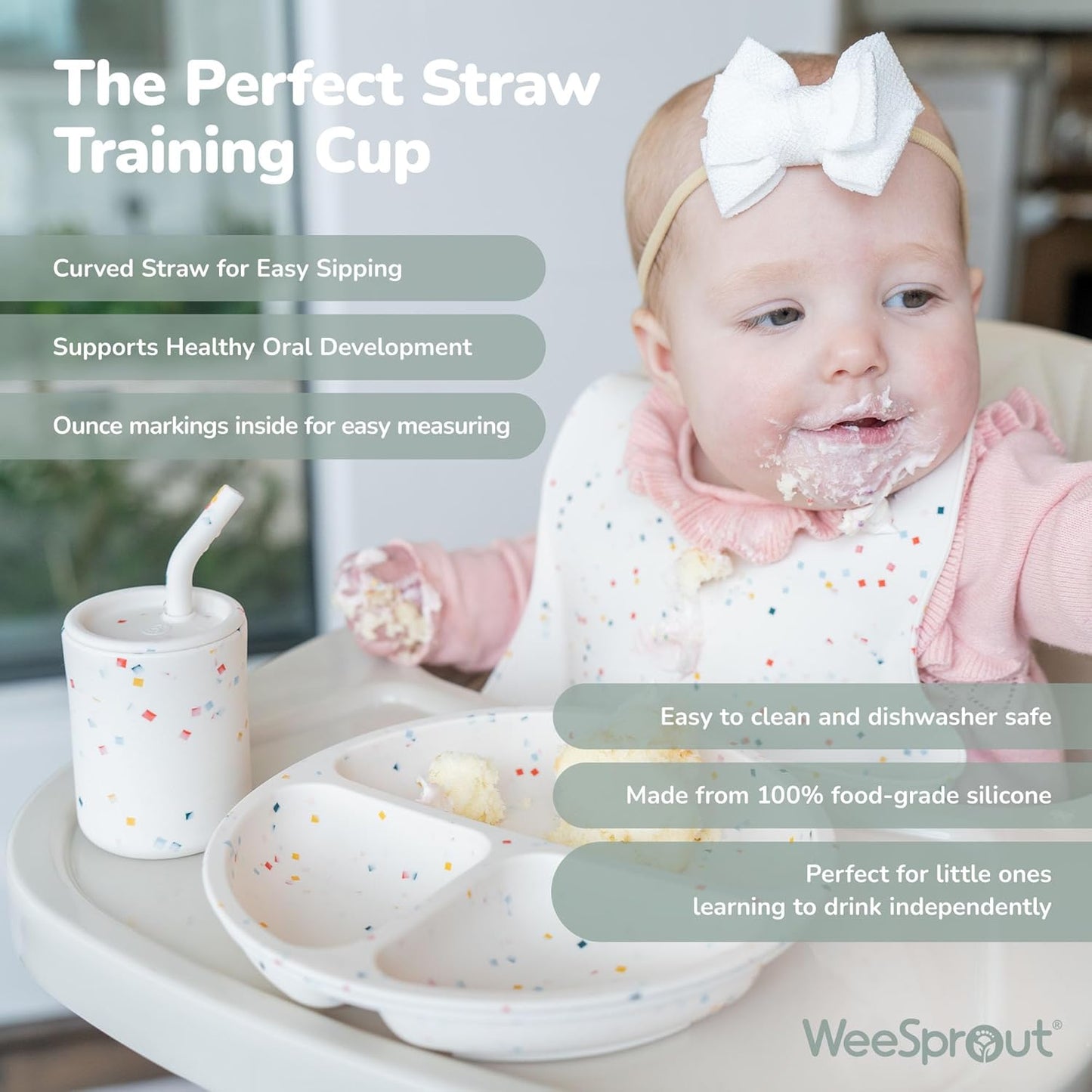 WeeSprout Baby Led Weaning Bundle, Silicone Suction Bowl, Spoons, Bib & Cup, Develops Self Feeding Skills, Dishwasher Safe (Confetti)